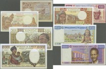 Djibouti: set of 8 banknotes containing 50 Francs ND(1952) P. 25 (F), 10.000 Francs ND(1984-99) P. 39b (UNC), 5000 Francs ND(1979-2002) P. 38d (UNC), ...