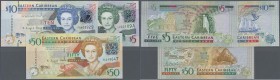 East Caribbean States: set of 3 notes containing 5 Dollars letter ”A” ND(2003) P. 42a, 10 Dollars ND(2012) P. 52a and 50 Dollars ND(2008) P. 50, nice ...