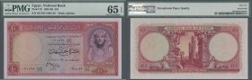 Egypt: 10 Pounds 1960 P. 32d, crisp uncirculated banknote with bright original colors, no holes or tears, S/N 031762 in condition: PMG graded 65 Gem U...