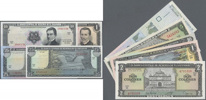 El Salvador: set of 9 notes containing 1 Colon 1971 P. 115 (UNC), 2 Colones 1976...