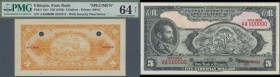 Ethiopia: 5 Dollars ND(1945) Specimen P. 13s, with front and back separately printed, both with mounting traces on back, unfolded, the back print PMG ...