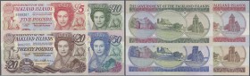 Falkland Islands: set of 4 banknotes containing 5 Pounds 2005, 10 Pounds 2011, 20 Pounds 2011 and 50 Pounds 1990, all with very minor dints in paper b...