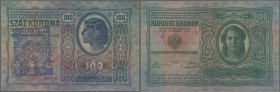 Fiume: 100 Korona 1912 Austria-Hungary with overprint ”Fiume” at left, used with light vertical and horizontal folds in paper, no holes or tears, orig...