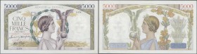 France: set of 2 CONSECUTIVE notes 5000 Francs ”Victoire” 1941 P. 97, S/N 14429201 & -200, all notes in similar condition, with only light folds, mino...