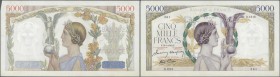 France: set of 2 CONSECUTIVE notes 5000 Francs ”Victoire” 1943 P. 97, S/N 30428360 & -361, both notes in similar condition, with only light folds, min...