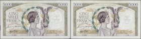 France: set of 2 CONSECUTIVE notes 5000 Francs ”Victoire” 1943 P. 97, S/N 30164125 & -126, both notes in similar condition, with only light folds, min...