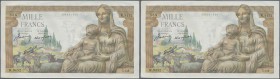 France: set of 5 CONSECUTIVE notes 1000 Francs ”Demeter” 1942/43 P. 102, from S/N 236291568 to - 572, all notes in similar condidition, light folds in...
