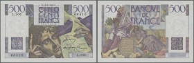 France: 500 Francs May 13th 1948, P.129b, excellent condition with two vertical folds at center and tiny pinholes at upper left. Condition: XF
