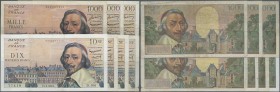 France: set of 7 banknotes containing 3x 1000 Francs 1954/55/56 P. 134 (F, pressed) and 4x 10 Nouveaux Francs 1959/60/62 P. 142, (pressed, F- to F and...