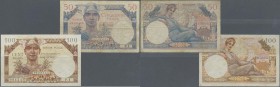 France: Pair with 50 Francs ND(1947) Trésor Français P.M8 (F-) and 100 Francs ND(1955) Trésor Public P.M11 (VF) Nice set. (2 pcs.)