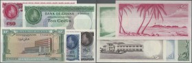 Ghana: set of 5 notes containing 10 Shillings 1963 P. 1 (UNC), 1 Cedi ND P. 5 (UNC), 5 Cedis ND P. 6 (XF+ to aUNC), 10 Cedis ND P. 7 (aUNC to UNC) and...