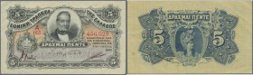 Greece: highly rare note 5 Drachmai 1897 P. 42, in exceptional condition with only light vertical and horizontal folds in paper, paper still very orig...