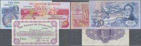 Guernsey: Very nice set with 3 Banknotes 10 Shillings 1966 P.42c in F, 10 and 20 Pounds ND(1980-89) with signature M.J.Brown P.50d and 55a in UNC. Con...