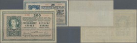 Hungary: Pair with 25 and 200 Korona 1918, P.13, 14, both in nice condition with a few minor spots and some folds. Condition: F+/VF (2 pcs.)