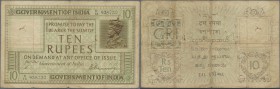 India: 10 Rupees ND(1917-30) P. 6, used with stronger folds, hole at upper left, light stain in paper, some other small holes in paper, no repairs, co...