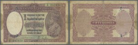 India: 50 Rupees ND(1930) LAHORE, sign. Taylor, P. 9, used with very strong folds, stained paper, holes, and fixed border tears, the longest tear alon...