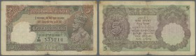 India: 5 Rupees ND P. 15b, potrait KGV, sign Kelly, used with several folds and creases, light stain in paper, no pinholes, stronger center fold, nice...
