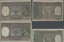 India: set of 2 notes 100 Rupees ND(1937-43) CALCUTTA issue P. 20e, in similar conditoin, used with folds, light stain in paper, some pinholes and sma...