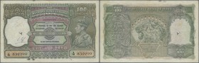 India: 100 Rupees ND(1937-43) CAWNPORE issue P. 20g, used with folds and light creases in paper, one larer pinhole at left, writing in watermark area,...