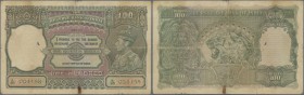 India: 100 Rupees ND(1937-43) DELHI issue P. 20j for type, but with green serial number which is not listed in catalog, used with folds and stain in p...