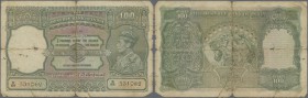 India: 100 Rupees ND(1937-43) very rare DELHI issue P. 20j, stronger used with strong center and horizontal fold, holes in paper, stained paper, borde...