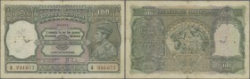 India: 100 Rupees ND(1937-43) MADRAS issue P. 20n, used with folds, the usual hole in watermark area, writings on the note, light stain in paper, some...