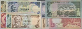 Jordan: set of 9 notes containing 2x 1/2 Dinar P. 17, 1 Dinar P. 18, 3x 5 Dinars P. 19, 2x 10 Dinars P. 20 and 20 Dinars P. 21, in conditions from F+/...