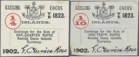 Keeling: set of 2 notes containing 1/4 & 1/10 Rupee 1902 P. S123, S124, both unfolded with clean paper, the 1/10 Rupee with light corner damage at low...