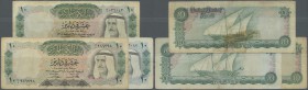 Kuwait: set of 3 pcs 10 Dinars ND P. 10, all used with folds, one with missing corner at lupper left, 2 of them with border tear at lower border, cond...