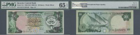 Kuwait: 10 Dinars 1968 P. 15c, crisp original banknote with bright colors, in condition: PMG graded 65 Gem UNC EPQ.