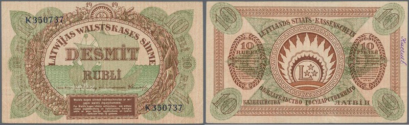 Latvia: Pair of the 10 Rubli 1919 P.4f and 10 Rubli 1919 proof P.4p, both in abo...