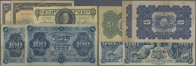 Latvia: Set with 5 Banknotes series 1920's containing 2 x 100 Latu 1923, 20 Latu 1925 and 2 x 25 Latu 1928, P.14, 17, 18, all in F to VF condition. (5...