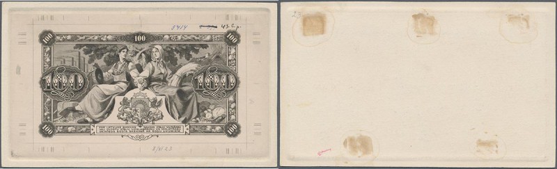Latvia: Reverse proof for the 100 Latu 1923, P.14p with border pieces, annotatio...