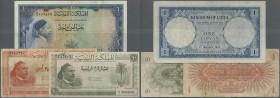 Libya: set of 3 notes containing 10 Pt. , 1/4 & 1 Pound 1952 ”Idris” series P. 13, 14, 16, all used with folds and creases, P. 13 with strong paper an...