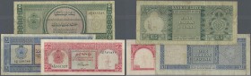 Libya: set of 3 banknotes containing 1/4, 1 & 5 Pounds L.1963 P. 28, 30, 31, all used with folds and creases, the 1 & 5 Pounds with light stain in pap...