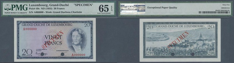 Luxembourg: 20 Francs ND(1955) Specimen P. 49s, condition: PMG graded 65 GEM UNC...