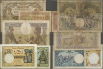 Madagascar: set of 5 different banknotes containing 5 Francs ND(1937-48) P. 35, used with folds, stain, strong center fold (F-), 10 francs ND(1937-48)...