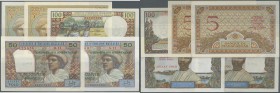 Madagascar: set of 5 banknotes containing 2x 5 Francs ND P. 35 (both UNC), 100 Francs ND P. 57 (aUNC with very crisp french banknote paper), 50 Francs...