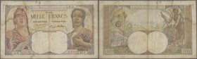 Madagascar: 1000 Francs 1945 P. 41, used with folds and creases, stain in paper, one 1,5cm tear at upper border fixed, several pinholes, still nice co...