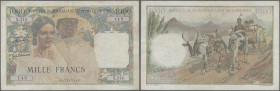 Madagascar: 1000 Francs 1951 P. 48a, used with folds, light stain and pinholes, no tears, no repairs, still nice colors, condition: F to F+.