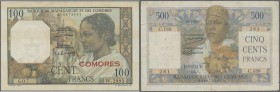 Madagascar: set of 2 notes Madagascar / Comores containing 500 Francs 1950 P. 47a, used with folds, light stain, some pinholes, probably pressed, no r...