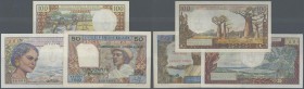 Madagascar: set of 3 banknotes containing 100 Francs ND(1966) P. 58, a few pinholes at left, crispness in paper (XF+), 500 Francs ND(1966) P. 59, ligh...