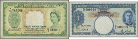 Malaya & British Borneo: set of 3 banknotes containing 2x Malaya and British Borneo 5 Dollars 1953 P. 2, S/N A/18 744065, portrait QEII in used condit...