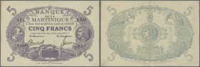 Martinique: 5 Francs L. 1901 (1934-1945), P.6, nice and attractive note with vertical fold at center and a few minor spots. Condition: VF