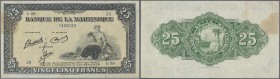 Martinique: 25 Francs ND(1943-45) P. 17, pressed but still strong paper and nice colors, three vertical folds and light stain at upper left, no holes ...
