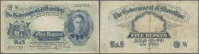 Mauritius: 5 Rupees ND(1937) P. 22, portait KGVI, used with folds and creases, light stain in paper, strong paper and original colors, condition: F+.
