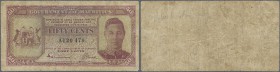Mauritius: 50 Cents ND(1940) P. 25a, portrait KGVI, used with folds and creases, borders a bit worn, no holes, still nice colors, condition: F- to F.
