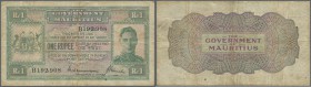 Mauritius: 1 Rupee ND(1940) P. 26, used with folds and light stain in paper, portrait KGVI, no holes or tears, nice colors, conditoin: F.