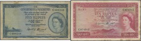 Mauritius: set of 2 notes containing 5 & 10 Rupees ND(1952) P. 27, 28, portrait QEII, the 5 Rupees a bit stronger used with folds, stain, border split...