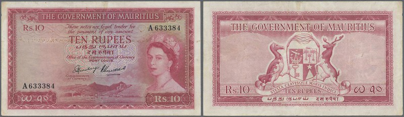Mauritius: 10 Rupees ND(1954) P. 28, portrait QEII, used with only light folds, ...